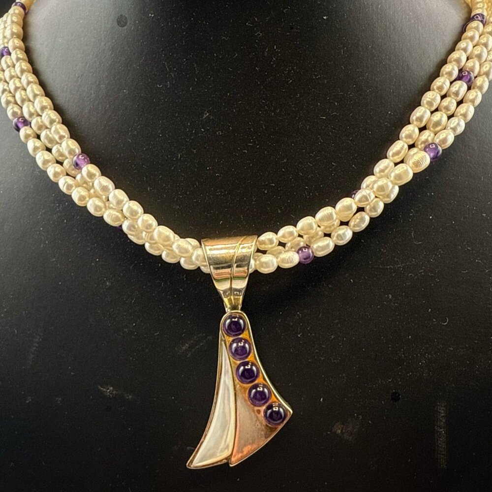 Jay King Necklace Amethyst Pearl Pendant Set Purple Sterling Silver Beaded 925